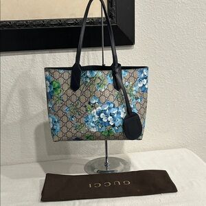 Gucci Blue and Green Floral Tote with dust bag and certificate of authenticity